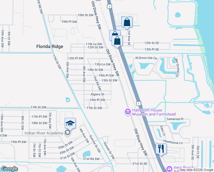 map of restaurants, bars, coffee shops, grocery stores, and more near 204 15th Lane Southwest in Vero Beach