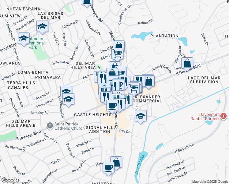 map of restaurants, bars, coffee shops, grocery stores, and more near 7811 McPherson Road in Laredo