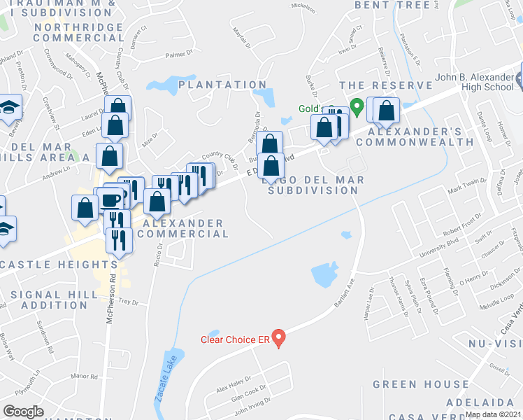 map of restaurants, bars, coffee shops, grocery stores, and more near 7521 Country Club Drive in Laredo