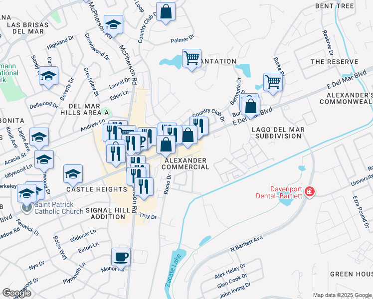 map of restaurants, bars, coffee shops, grocery stores, and more near Rocio Drive in Laredo