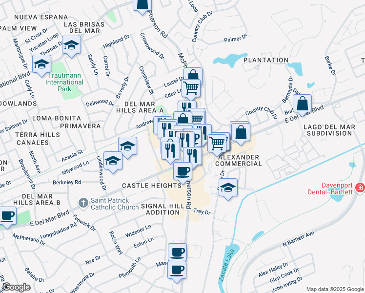 map of restaurants, bars, coffee shops, grocery stores, and more near 7811 McPherson Road in Laredo