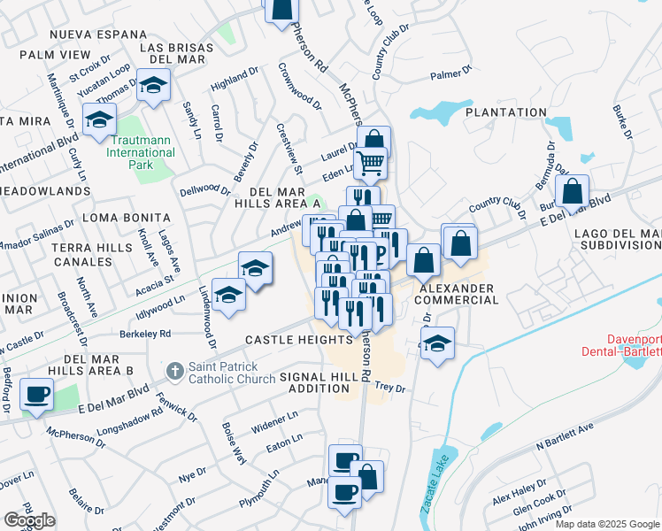 map of restaurants, bars, coffee shops, grocery stores, and more near 7718 McPherson Road in Laredo