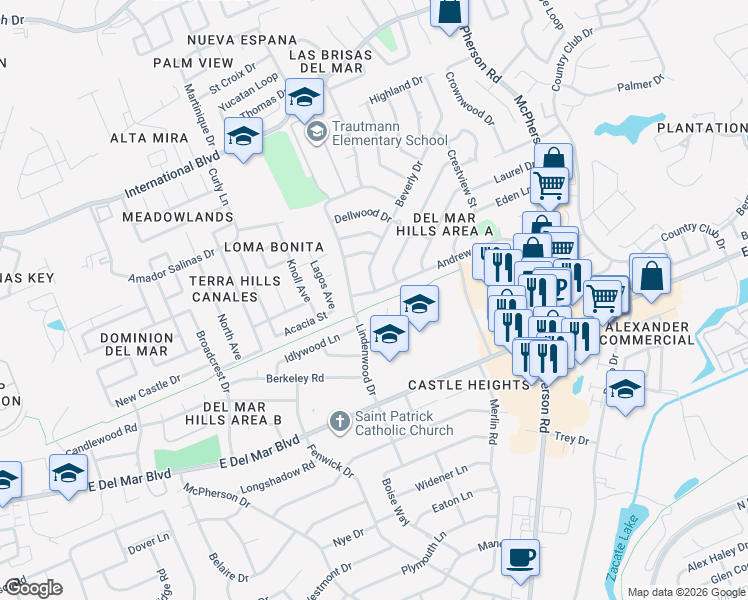 map of restaurants, bars, coffee shops, grocery stores, and more near 707 Andrew Avenue in Laredo