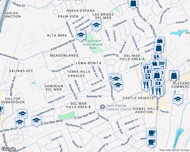 map of restaurants, bars, coffee shops, grocery stores, and more near 114 Knoll Avenue in Laredo
