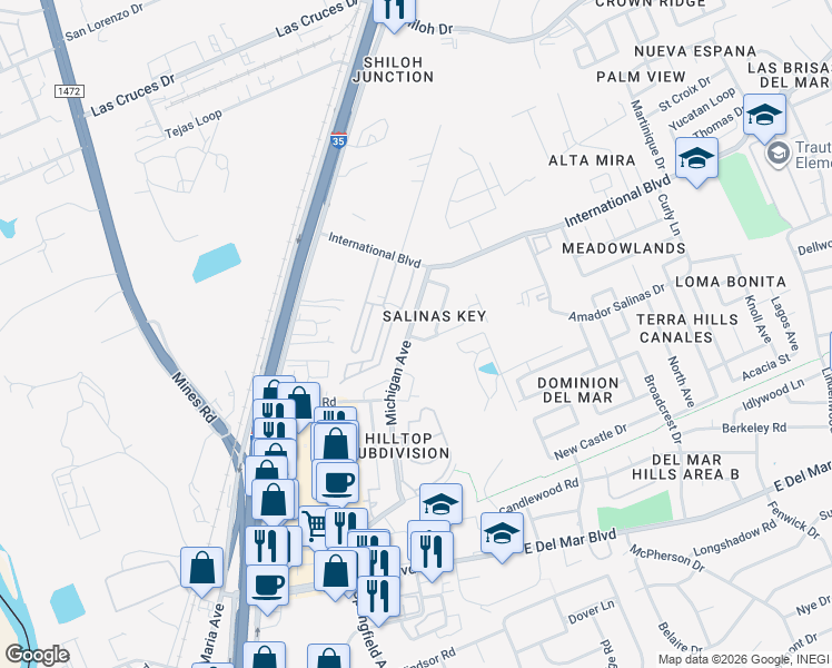 map of restaurants, bars, coffee shops, grocery stores, and more near 8501 Michigan Ave in Laredo