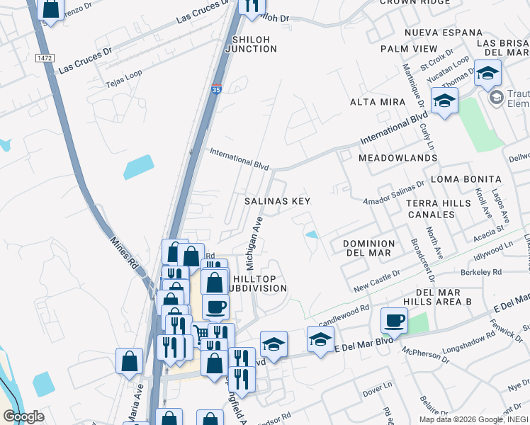 map of restaurants, bars, coffee shops, grocery stores, and more near 8501 Michigan Ave in Laredo