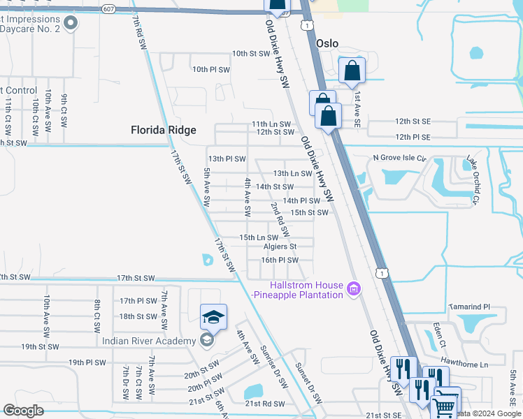 map of restaurants, bars, coffee shops, grocery stores, and more near 324 15th Street Southwest in Vero Beach