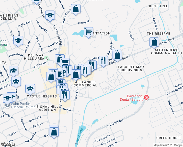 map of restaurants, bars, coffee shops, grocery stores, and more near 1713 East Del Mar Boulevard in Laredo