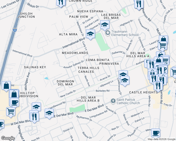 map of restaurants, bars, coffee shops, grocery stores, and more near 102 Yellow Oak Avenue in Laredo