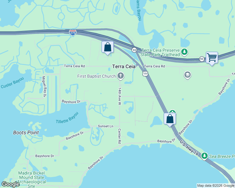 map of restaurants, bars, coffee shops, grocery stores, and more near 1605 Center Road in Terra Ceia