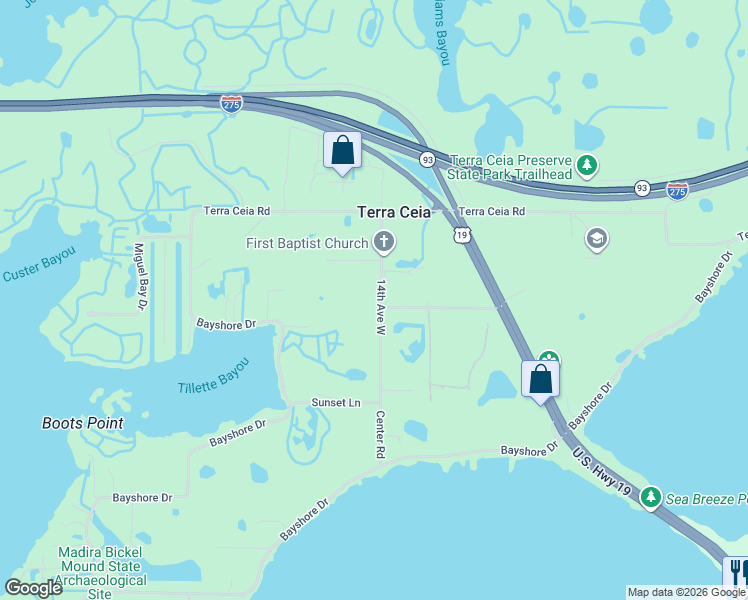 map of restaurants, bars, coffee shops, grocery stores, and more near 1605 Center Road in Terra Ceia