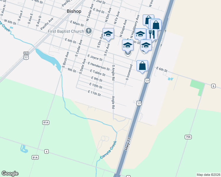 map of restaurants, bars, coffee shops, grocery stores, and more near 617 East 10th Street in Bishop