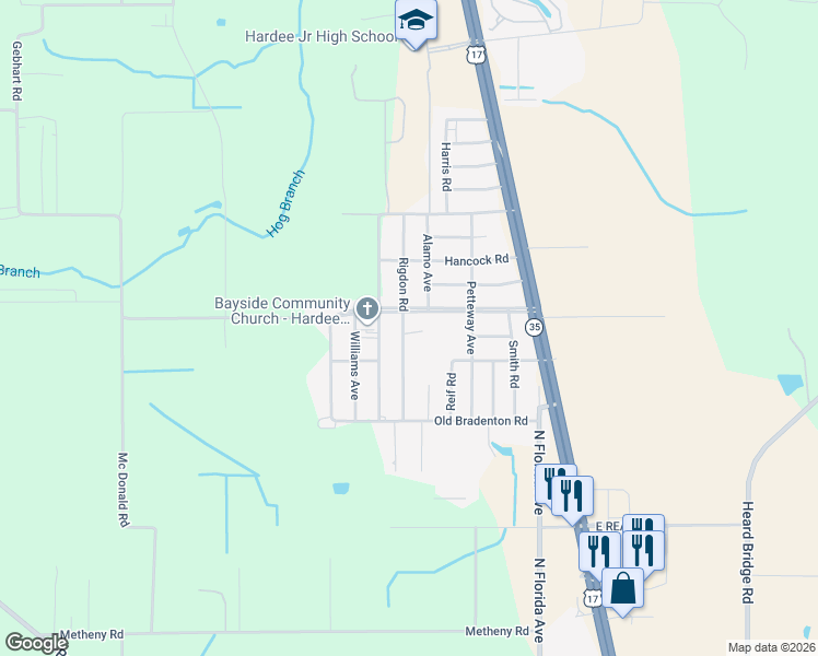 map of restaurants, bars, coffee shops, grocery stores, and more near 347 Rainey Boulevard in Wauchula