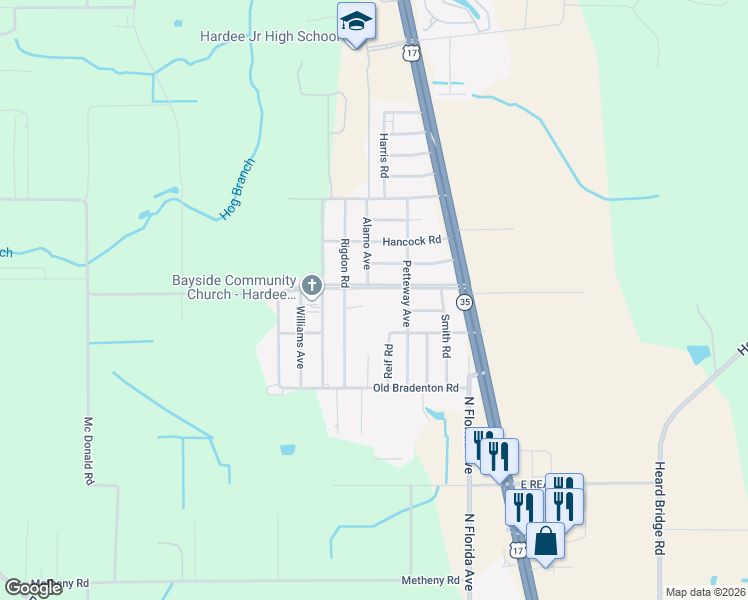 map of restaurants, bars, coffee shops, grocery stores, and more near 347 Rainey Boulevard in Wauchula