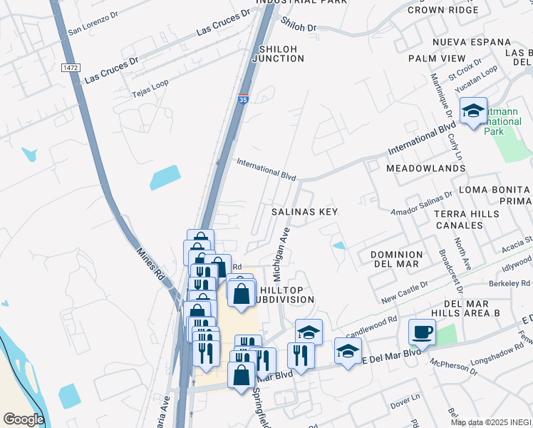 map of restaurants, bars, coffee shops, grocery stores, and more near 301 International Boulevard in Laredo