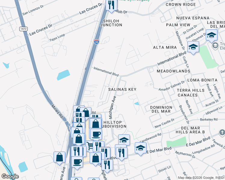 map of restaurants, bars, coffee shops, grocery stores, and more near 8501 Michigan Ave in Laredo