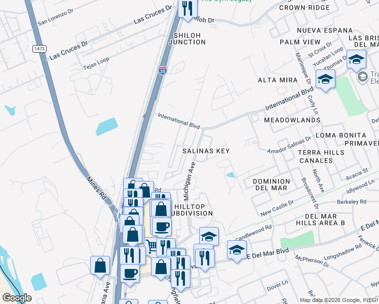 map of restaurants, bars, coffee shops, grocery stores, and more near 301 International Boulevard in Laredo