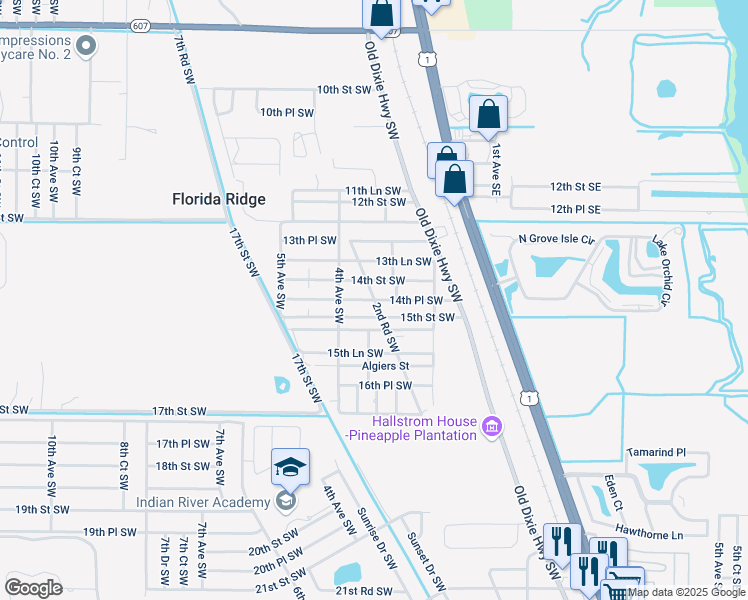 map of restaurants, bars, coffee shops, grocery stores, and more near Empress Street in Vero Beach