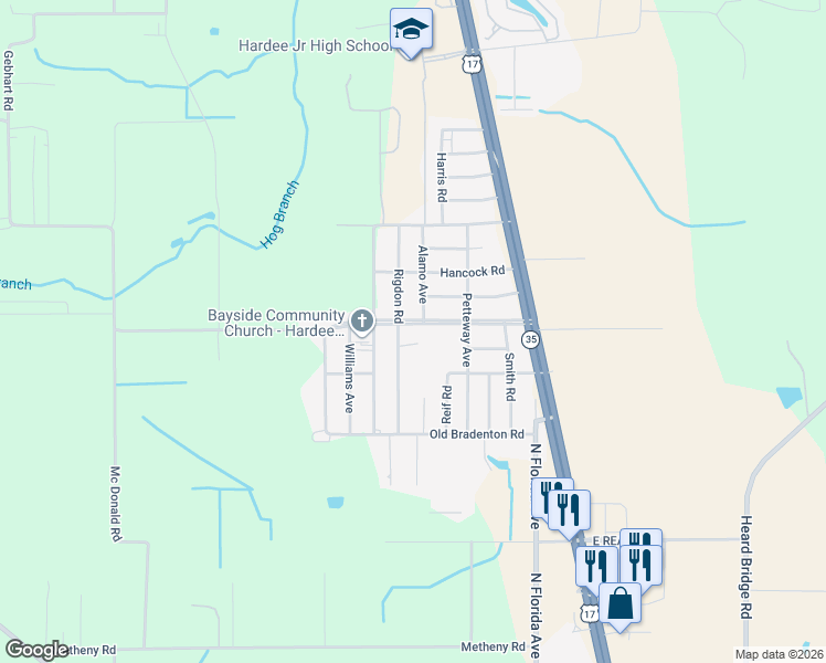 map of restaurants, bars, coffee shops, grocery stores, and more near 347 Rainey Boulevard in Wauchula