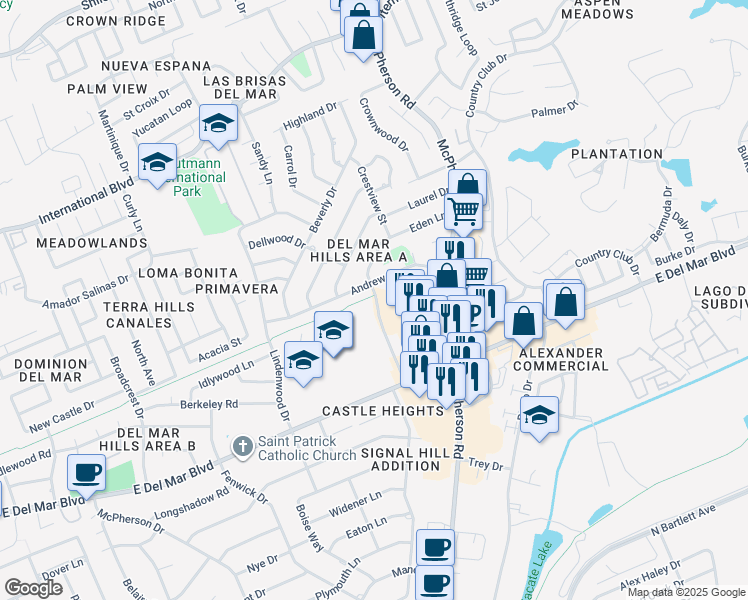 map of restaurants, bars, coffee shops, grocery stores, and more near 201 Lindenwood Drive in Laredo