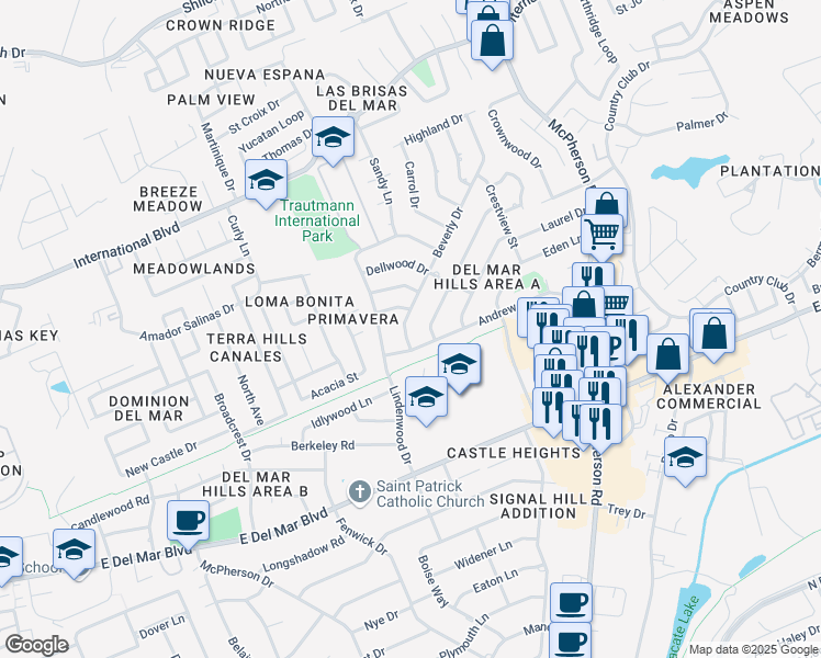 map of restaurants, bars, coffee shops, grocery stores, and more near 503 Beverly Drive in Laredo