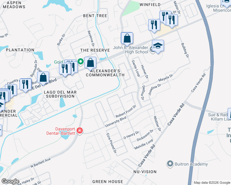 map of restaurants, bars, coffee shops, grocery stores, and more near 7628 R.W. Emerson Loop in Laredo