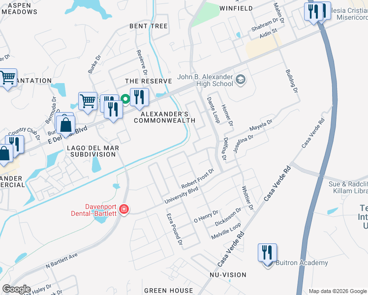 map of restaurants, bars, coffee shops, grocery stores, and more near 7628 R.W. Emerson Loop in Laredo