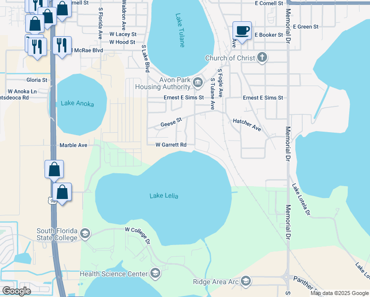 map of restaurants, bars, coffee shops, grocery stores, and more near 200 West Garrett Road in Avon Park
