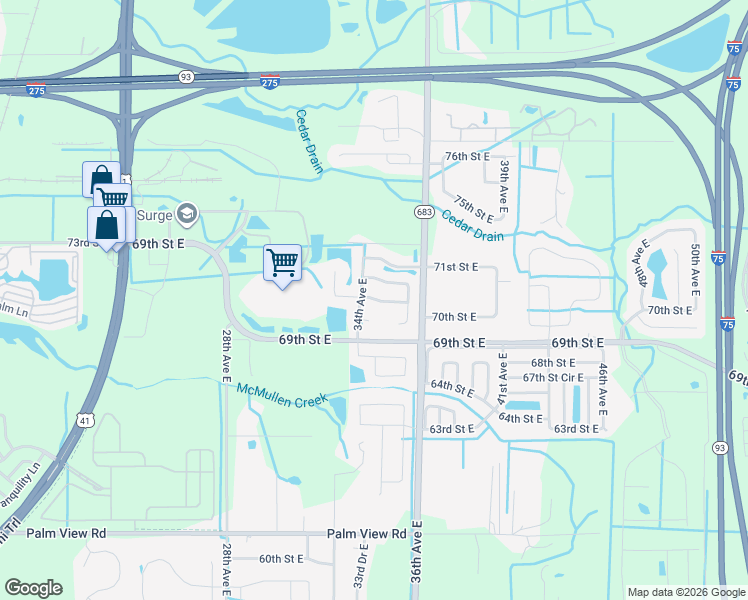 map of restaurants, bars, coffee shops, grocery stores, and more near 3413 70th Court East in Palmetto