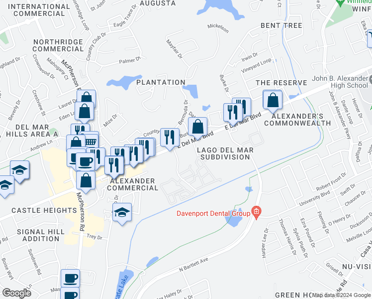 map of restaurants, bars, coffee shops, grocery stores, and more near 2101 East Del Mar Boulevard in Laredo