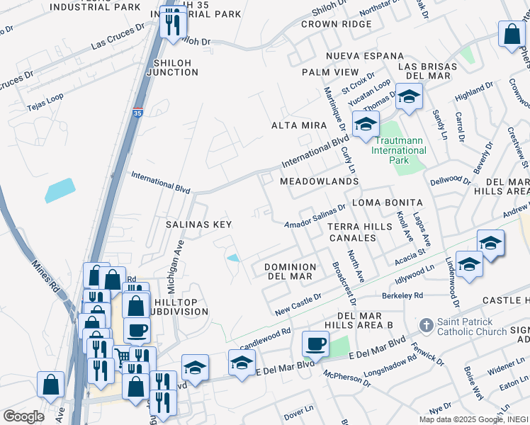 map of restaurants, bars, coffee shops, grocery stores, and more near 8416 Springfield Avenue in Laredo