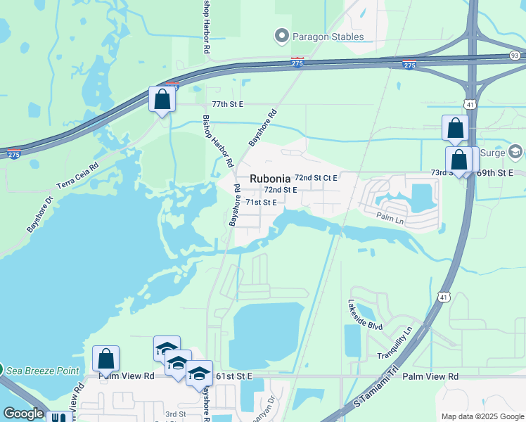 map of restaurants, bars, coffee shops, grocery stores, and more near 7016 11th Avenue East in Palmetto