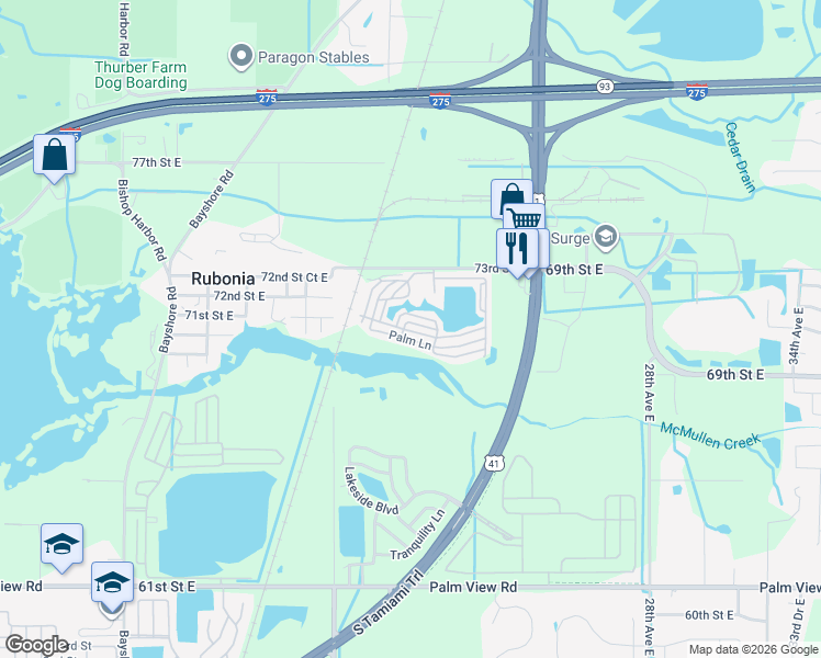 map of restaurants, bars, coffee shops, grocery stores, and more near 2215 73rd Street East in Palmetto
