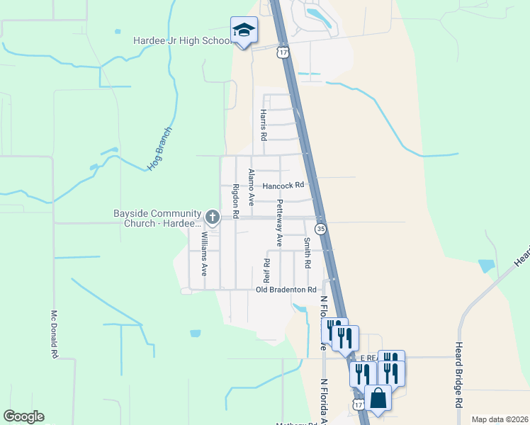 map of restaurants, bars, coffee shops, grocery stores, and more near 2025 Petteway Avenue in Wauchula