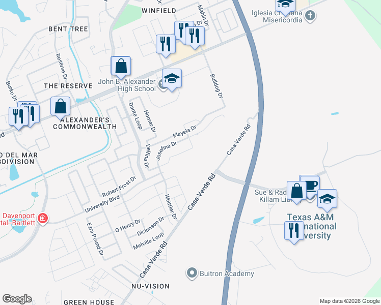 map of restaurants, bars, coffee shops, grocery stores, and more near 3623 Josefina Drive in Laredo