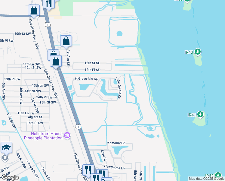 map of restaurants, bars, coffee shops, grocery stores, and more near 620 East Lake Jasmine Circle in Vero Beach