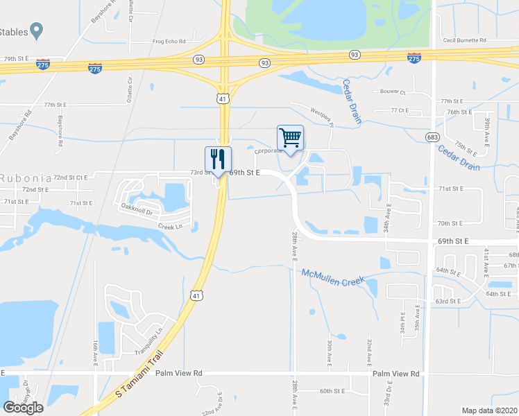 map of restaurants, bars, coffee shops, grocery stores, and more near 2845 69th Street East in Bradenton