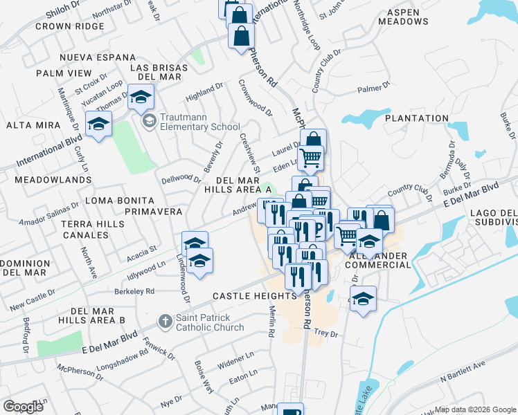 map of restaurants, bars, coffee shops, grocery stores, and more near 1107 Andrew Lane in Laredo