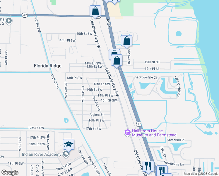 map of restaurants, bars, coffee shops, grocery stores, and more near 204 14th Street Southwest in Vero Beach