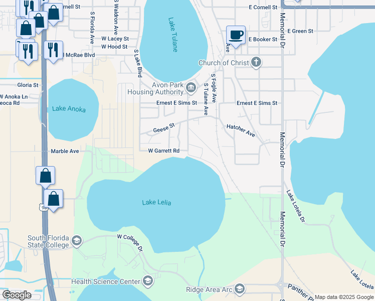 map of restaurants, bars, coffee shops, grocery stores, and more near 200 West Garrett Road in Avon Park