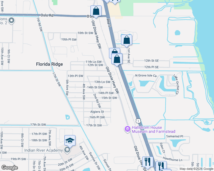map of restaurants, bars, coffee shops, grocery stores, and more near 204 14th Street Southwest in Vero Beach