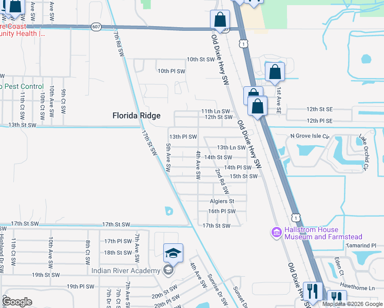 map of restaurants, bars, coffee shops, grocery stores, and more near 416 14th Street Southwest in Vero Beach