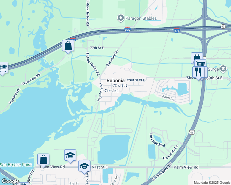 map of restaurants, bars, coffee shops, grocery stores, and more near 1109 71st Street East in Palmetto