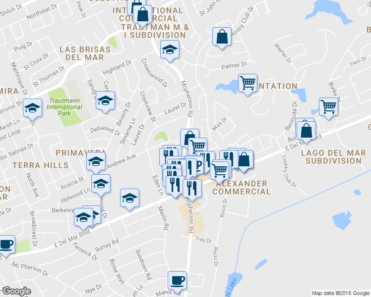 map of restaurants, bars, coffee shops, grocery stores, and more near 7909 McPherson Road in Laredo
