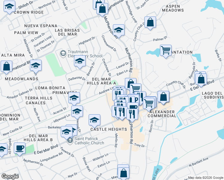 map of restaurants, bars, coffee shops, grocery stores, and more near 1107 Andrew Lane in Laredo