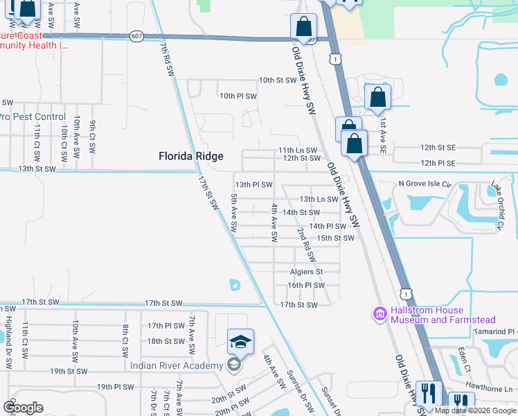 map of restaurants, bars, coffee shops, grocery stores, and more near 416 14th Street Southwest in Vero Beach