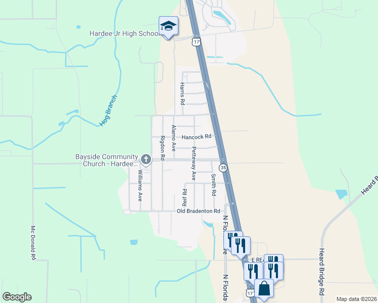 map of restaurants, bars, coffee shops, grocery stores, and more near 2025 Petteway Avenue in Wauchula