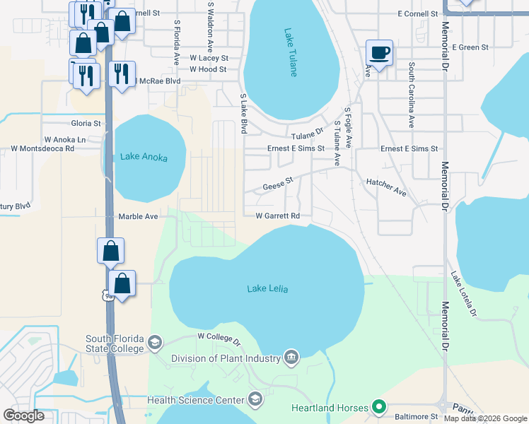 map of restaurants, bars, coffee shops, grocery stores, and more near 445 West Gobourne Street in Avon Park