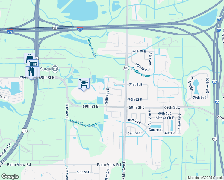 map of restaurants, bars, coffee shops, grocery stores, and more near 3413 70th Glen East in Palmetto