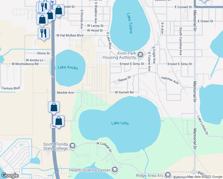 map of restaurants, bars, coffee shops, grocery stores, and more near 1433 South Lake Boulevard in Avon Park